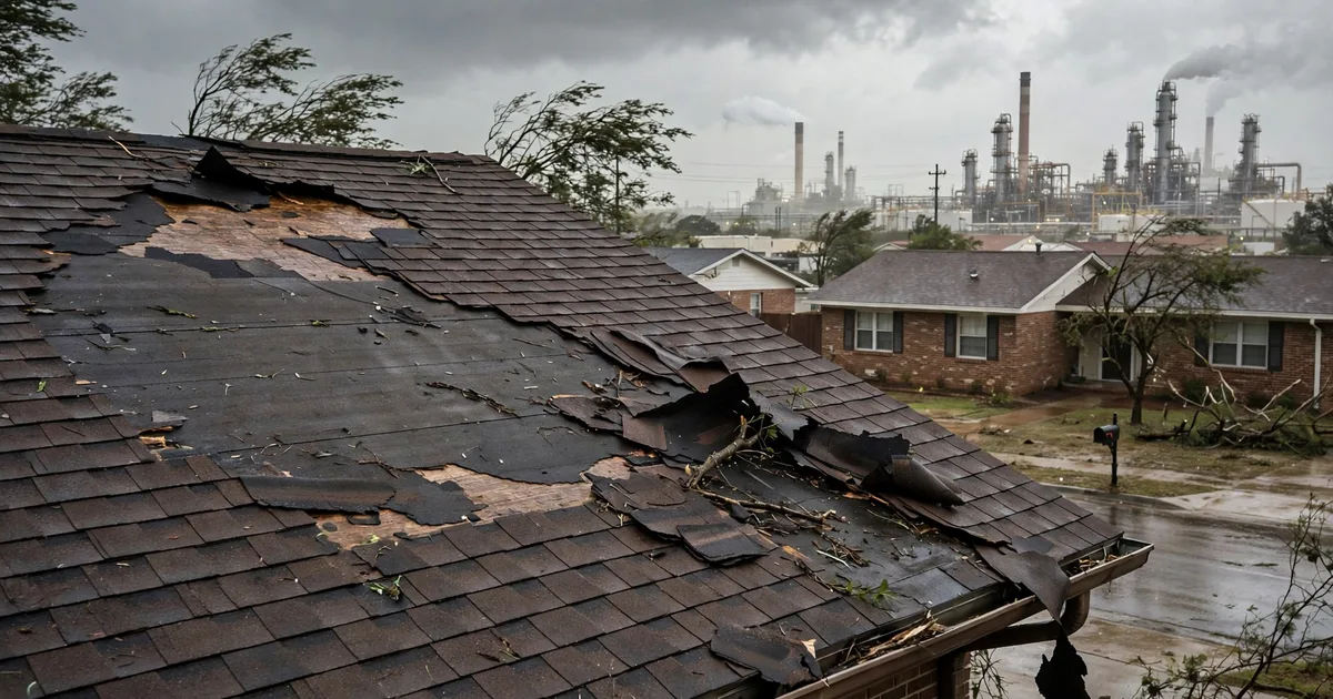 Emergency roof repair in Bayport, Pasadena: patch of missing shingles on a windward slope