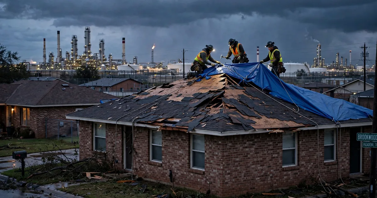 Emergency roof repair in Brookwood, Pasadena: crew securing an emergency tarp at dusk