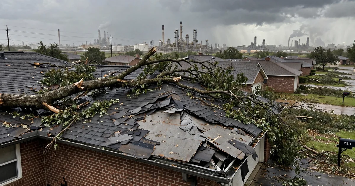Emergency roof repair in Burke Meadows, Pasadena: fallen tree branch resting on a damaged roof
