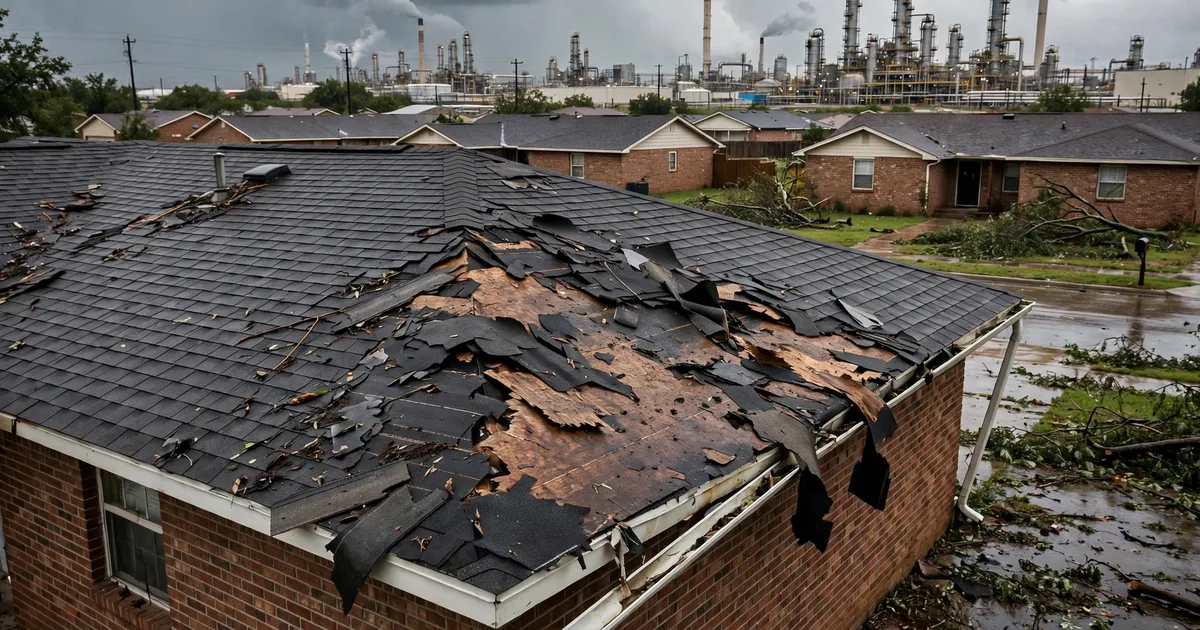 Emergency roof repair in Burkeshire, Pasadena: patch of missing shingles on a windward slope