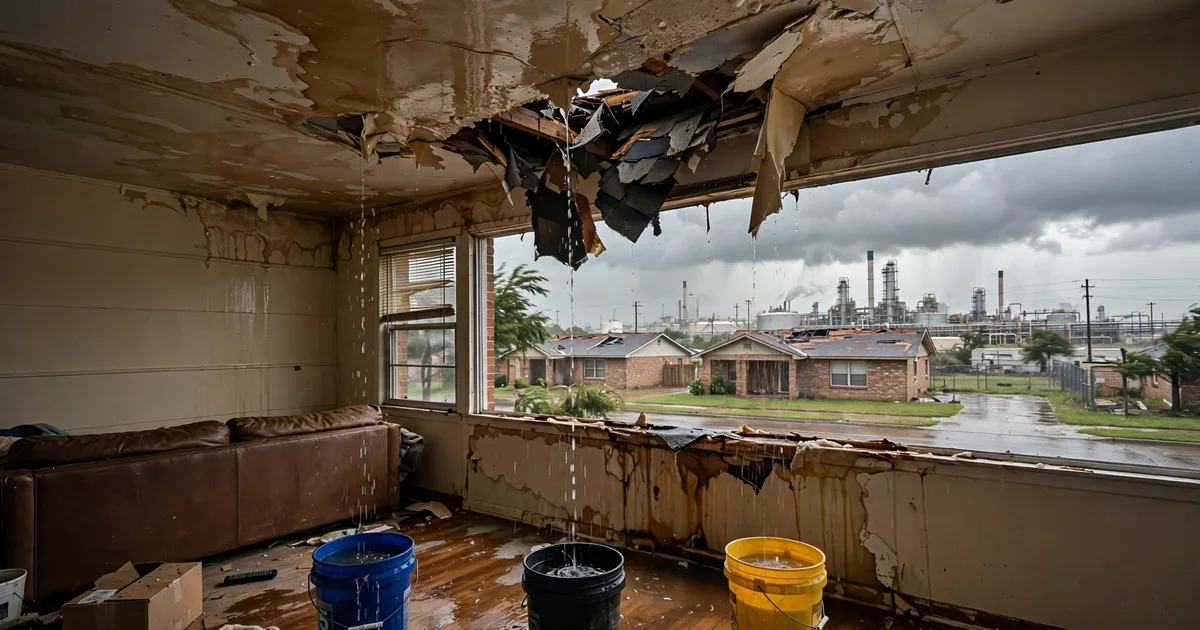Emergency roof repair in Clear Lake City Pasadena, Pasadena: water-stained ceiling with buckets catching drips