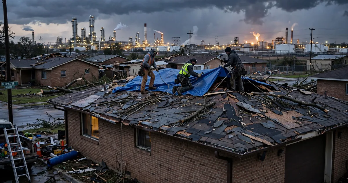 Emergency roof repair in Deepwater, Pasadena: crew securing an emergency tarp at dusk