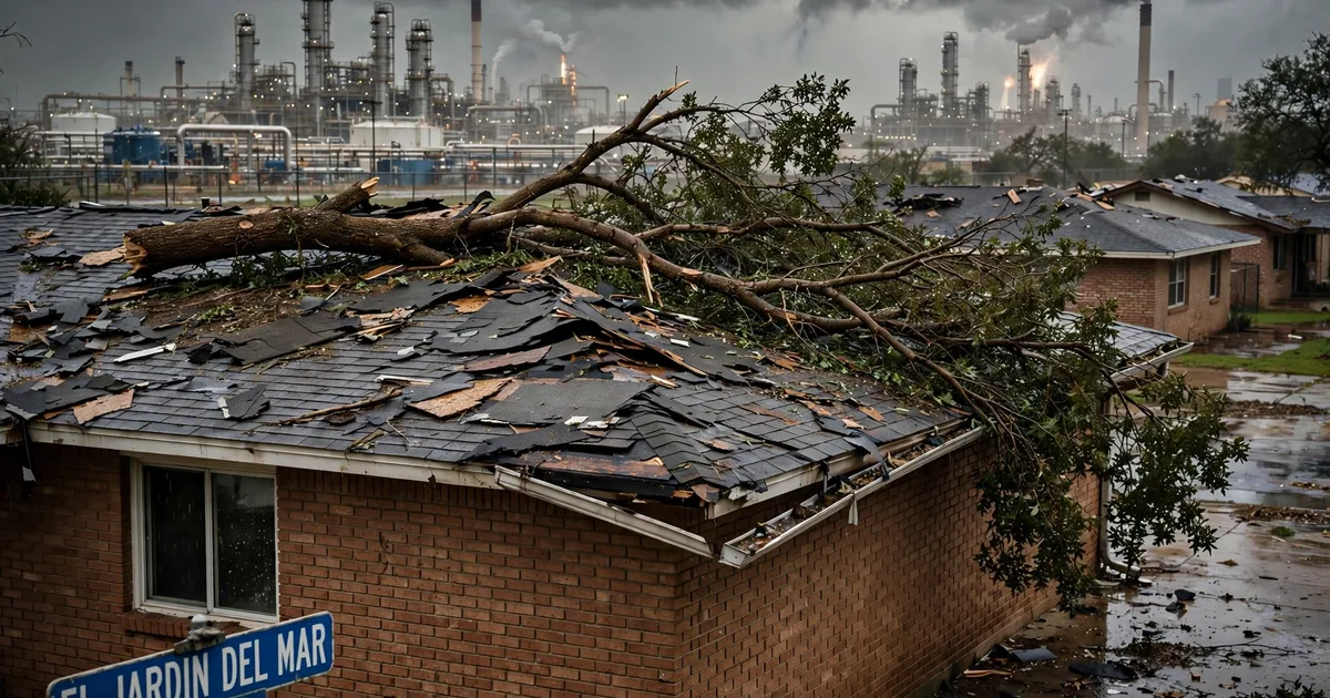 Emergency roof repair in El Jardin Del Mar, Pasadena: fallen tree branch resting on a damaged roof