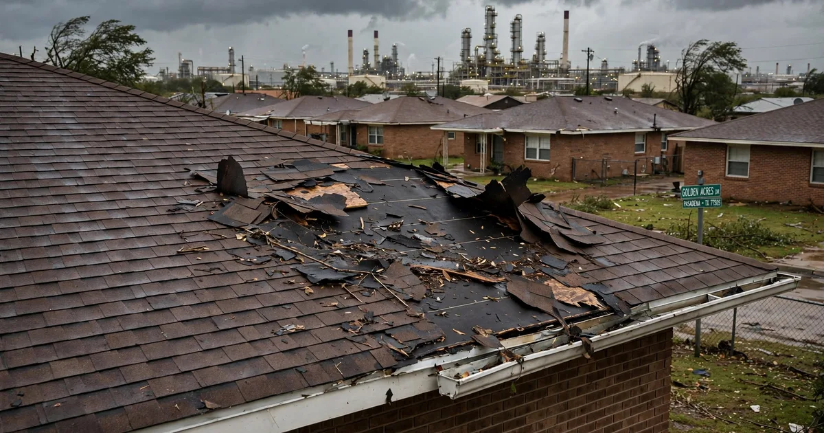 Emergency roof repair in Golden Acres, Pasadena: patch of missing shingles on a windward slope