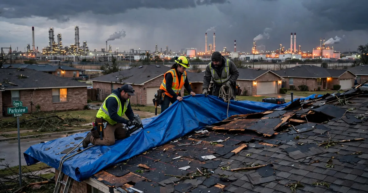 Emergency roof repair in Parkview Estates, Pasadena: crew securing an emergency tarp at dusk