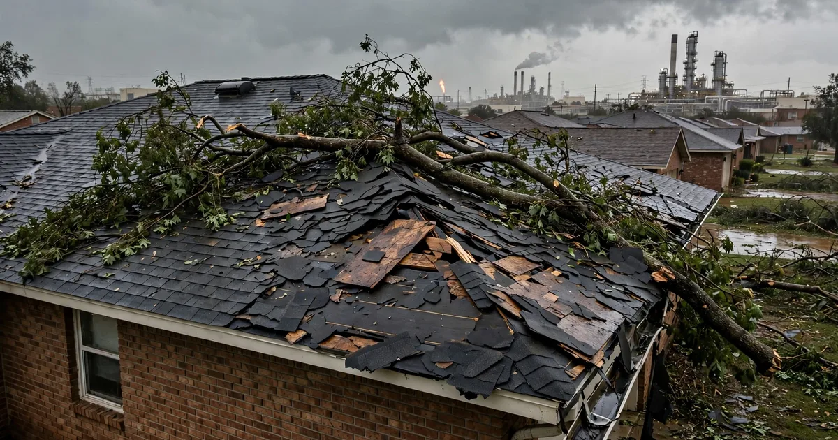 Emergency roof repair in Parkview Manor, Pasadena: fallen tree branch resting on a damaged roof
