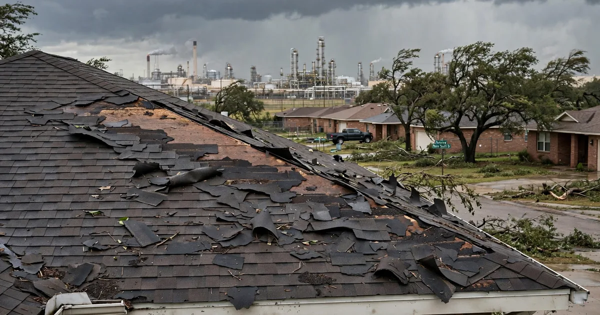 Emergency roof repair in Parkview South, Pasadena: patch of missing shingles on a windward slope