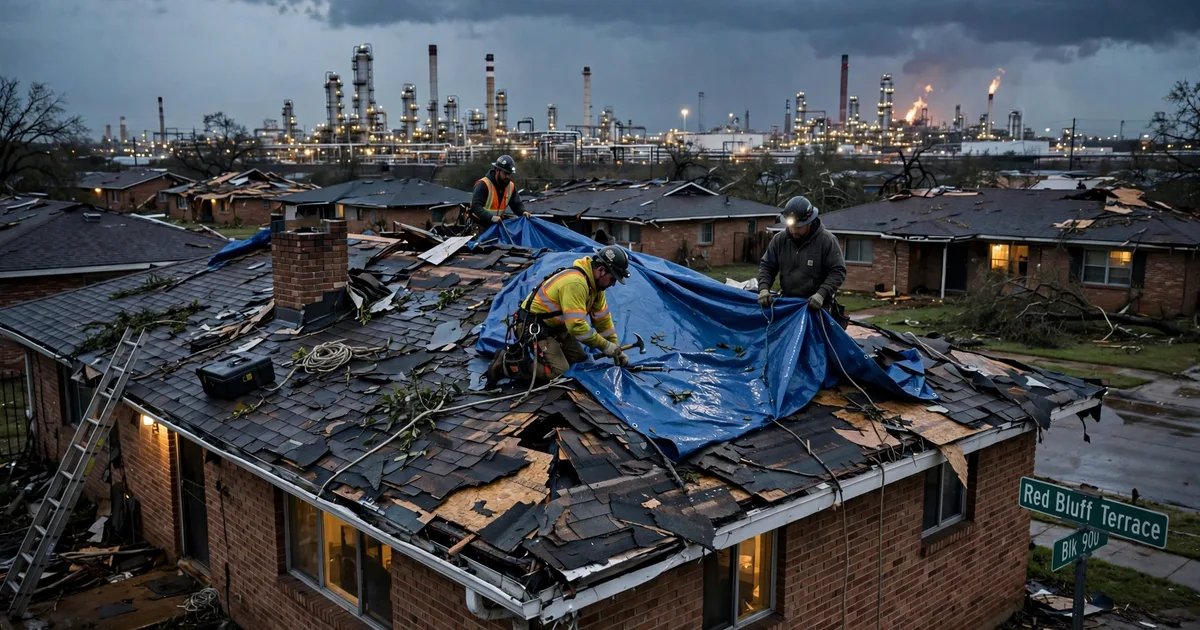 Emergency roof repair in Red Bluff Terrace, Pasadena: crew securing an emergency tarp at dusk