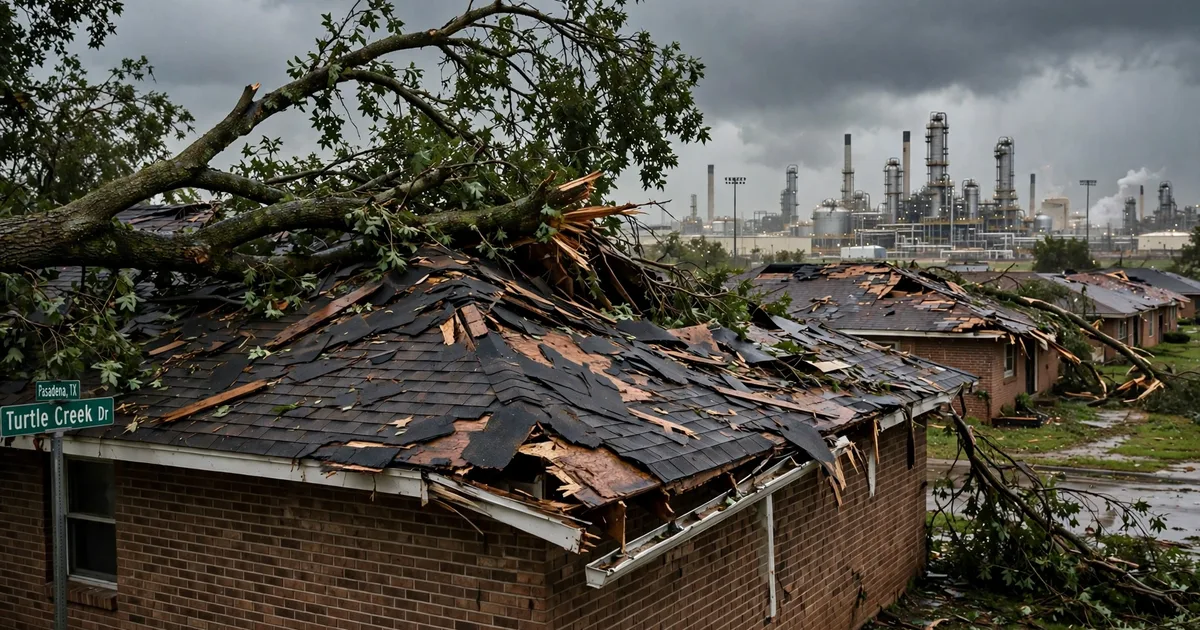 Emergency roof repair in Turtle Creek, Pasadena: fallen tree branch resting on a damaged roof