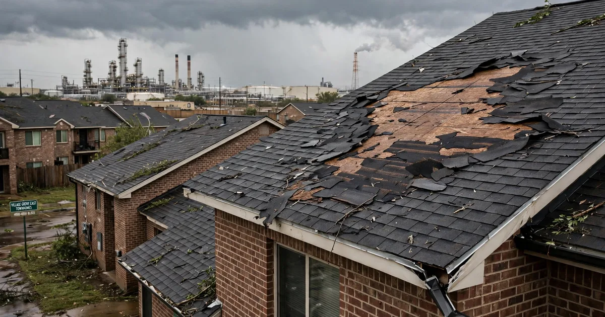 Emergency roof repair in Village Grove East Townhomes, Pasadena: patch of missing shingles on a windward slope