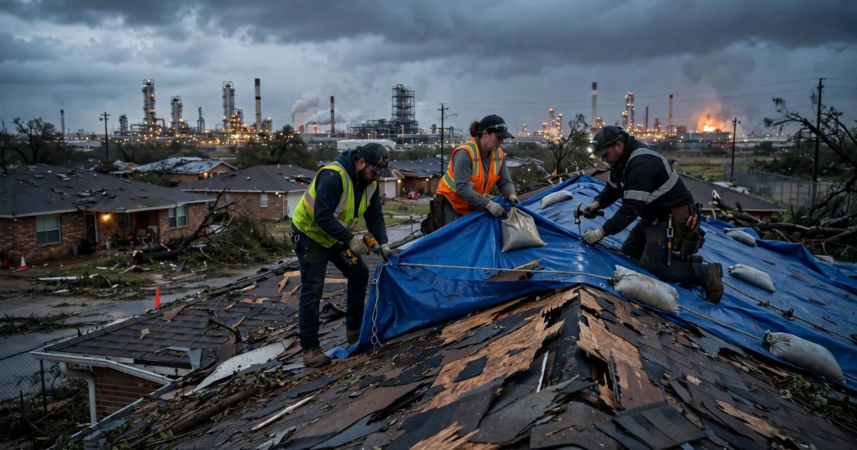 Emergency roof repair in Vista Villas, Pasadena: crew securing an emergency tarp at dusk