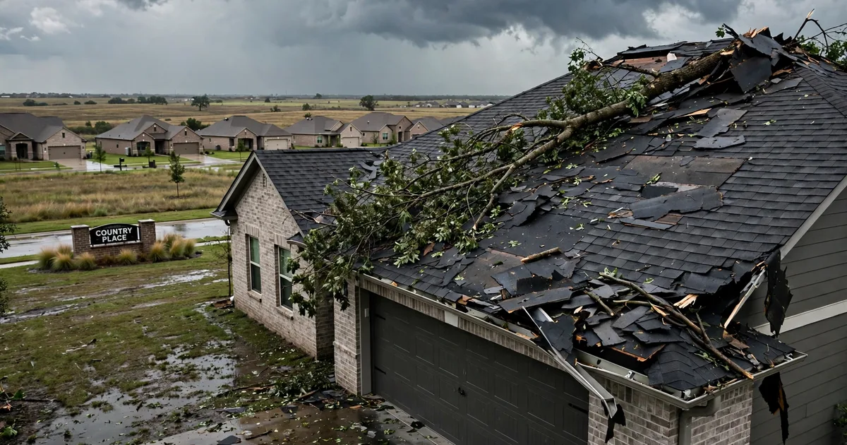 Emergency roof repair in Country Place, Pearland: fallen tree branch resting on a damaged roof