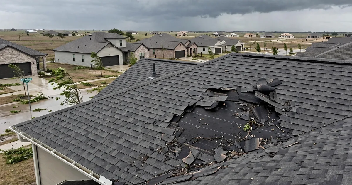 Emergency roof repair in Dixie Hollow, Pearland: patch of missing shingles on a windward slope