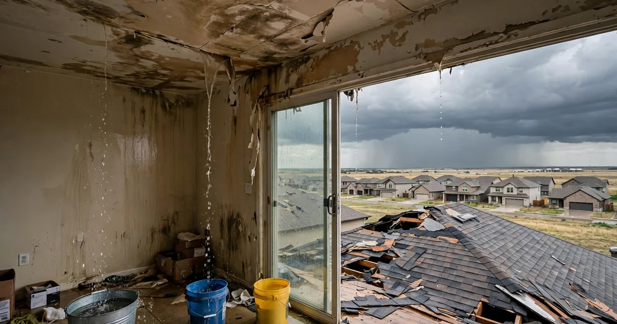 Emergency roof repair in Downtown Pearland, Pearland: water-stained ceiling with buckets catching drips