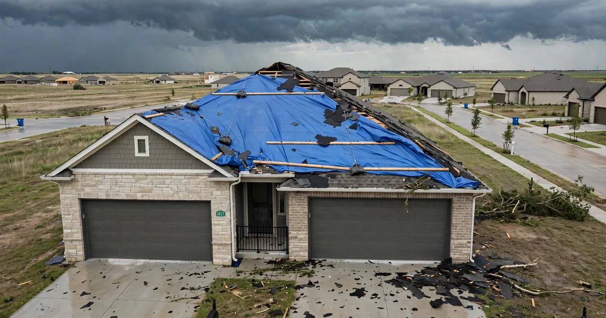 Emergency roof repair in Green Tee, Pearland: blue tarp secured over torn shingles after a storm