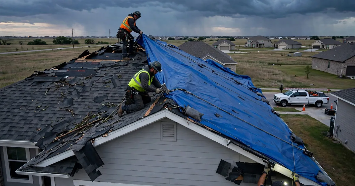 Emergency roof repair in Highland Glen, Pearland: crew securing an emergency tarp at dusk
