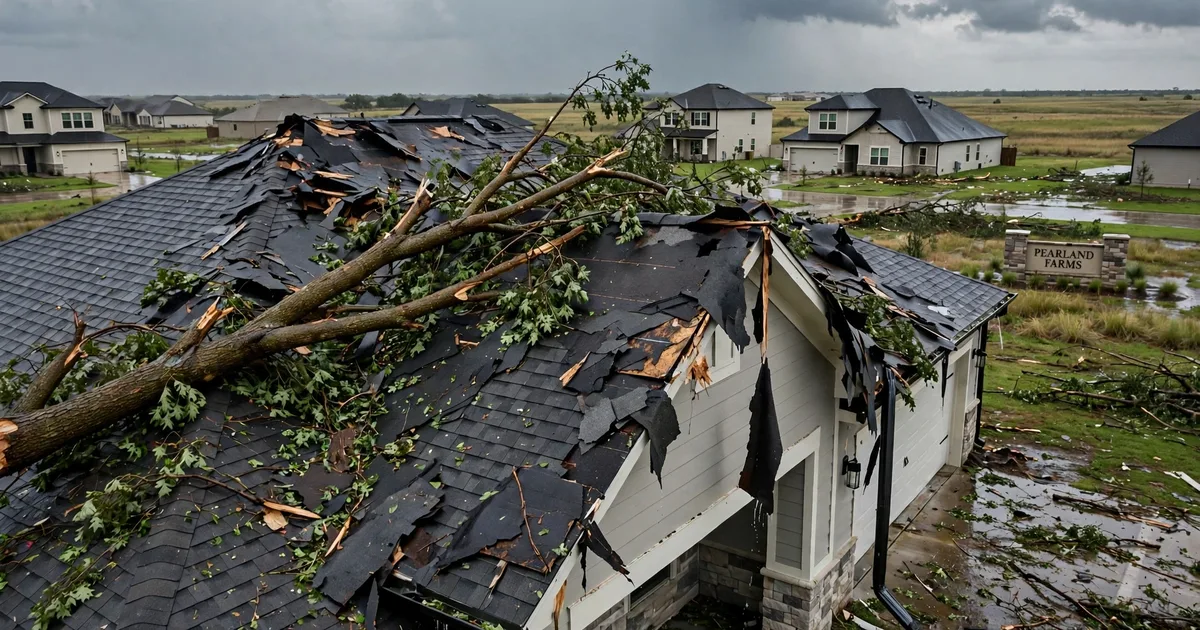 Emergency roof repair in Pearland Farms, Pearland: fallen tree branch resting on a damaged roof