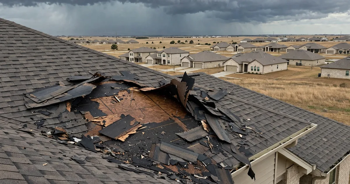 Emergency roof repair in Shadow Creek Ranch, Pearland: patch of missing shingles on a windward slope