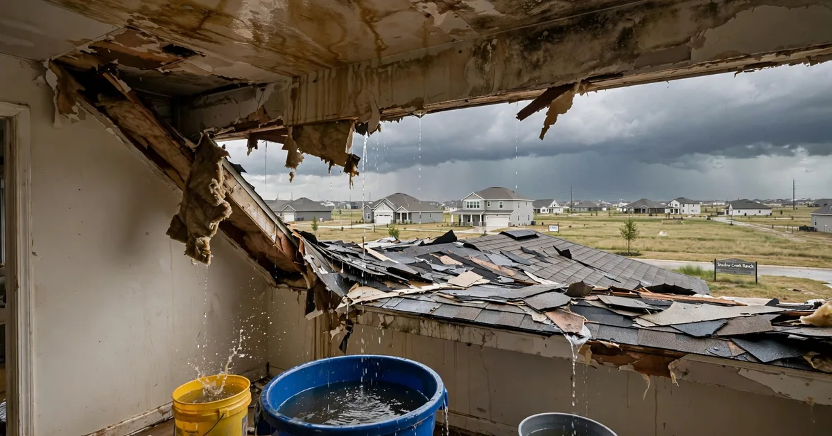 Emergency roof repair in Shadow Creek, Pearland: water-stained ceiling with buckets catching drips