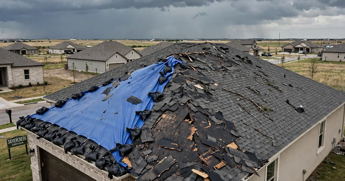 Emergency roof repair in Silvercreek, Pearland: blue tarp secured over torn shingles after a storm