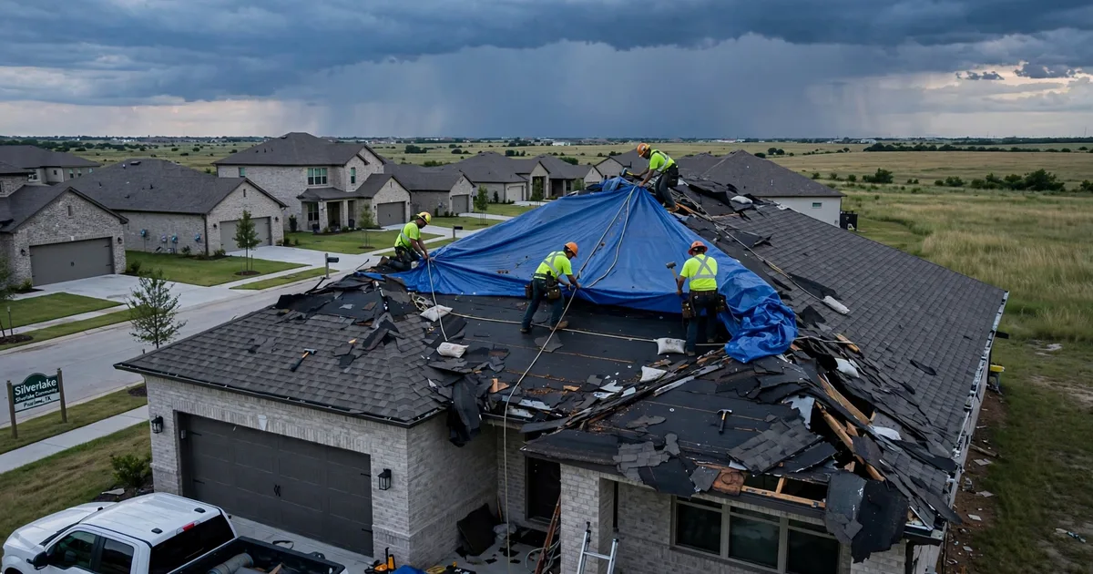 Emergency roof repair in Silverlake, Pearland: crew securing an emergency tarp at dusk