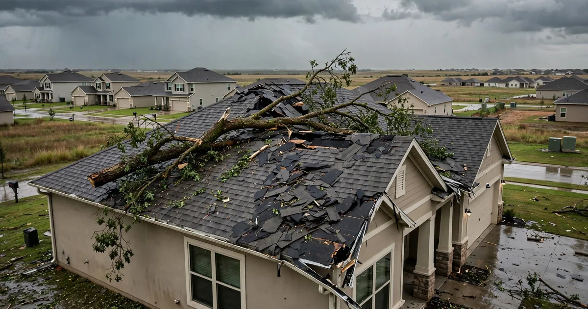 Emergency roof repair in Southdown, Pearland: fallen tree branch resting on a damaged roof