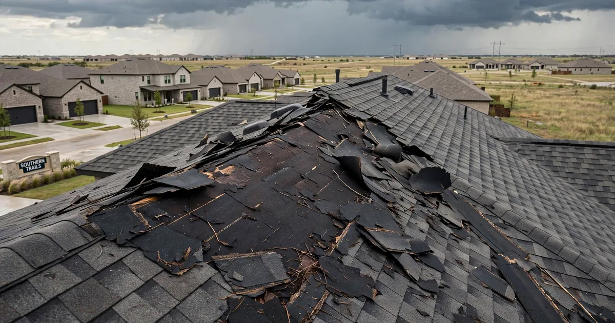 Emergency roof repair in Southern Trails, Pearland: patch of missing shingles on a windward slope