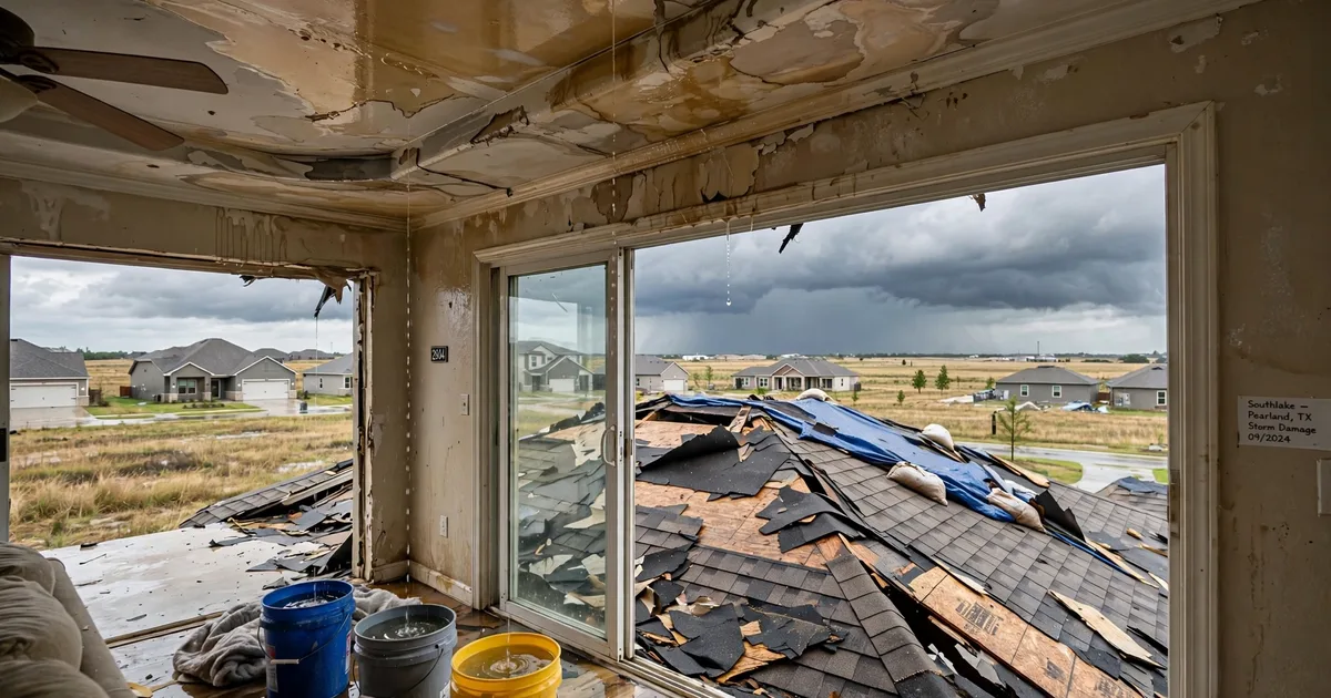 Emergency roof repair in Southlake, Pearland: water-stained ceiling with buckets catching drips