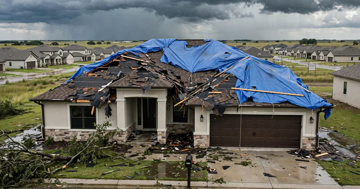 Emergency roof repair in Southwyck, Pearland: blue tarp secured over torn shingles after a storm