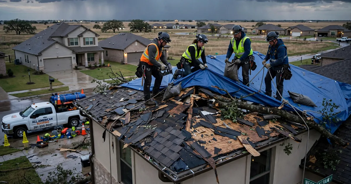 Emergency roof repair in West Pearland, Pearland: crew securing an emergency tarp at dusk