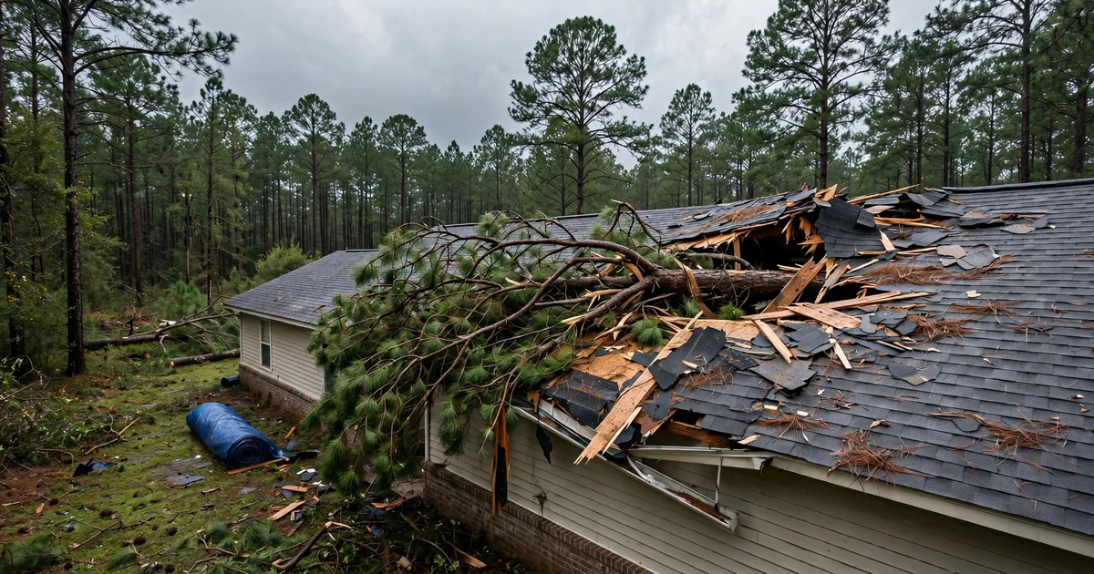 Emergency Roof Repair in Conroe: blue tarp secured over storm-damaged roof section