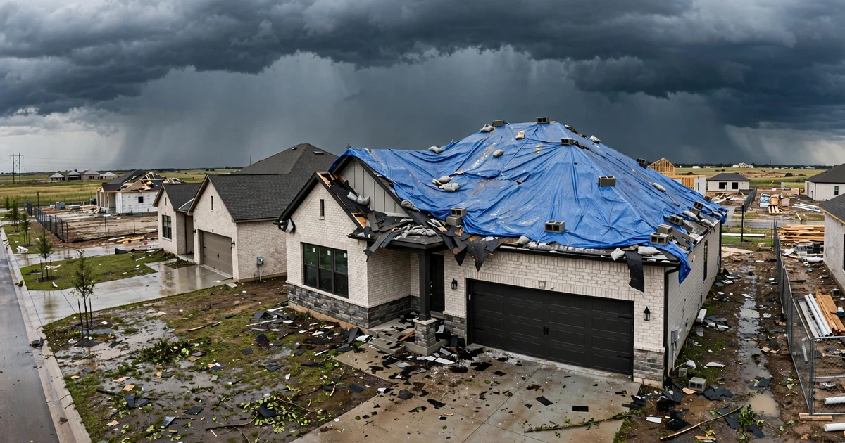 Emergency Roof Repair in Katy: blue tarp secured over storm-damaged roof section