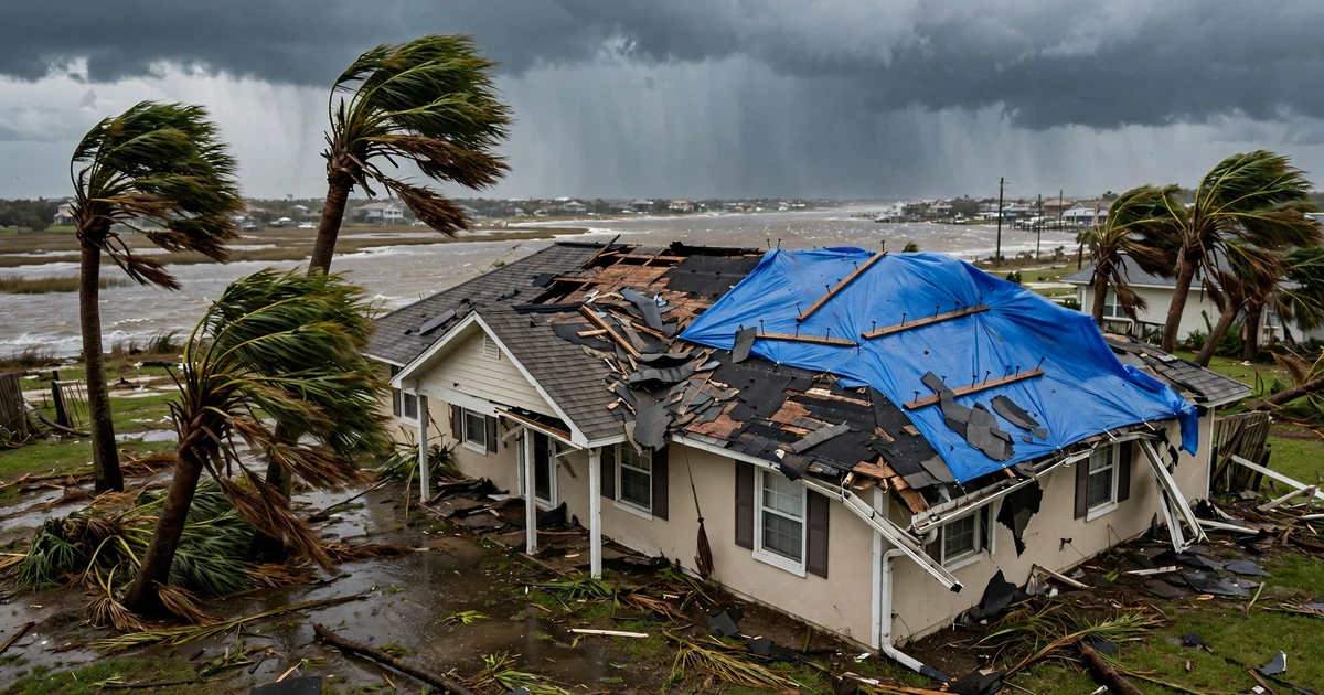 Emergency Roof Repair in League City: blue tarp secured over storm-damaged roof section