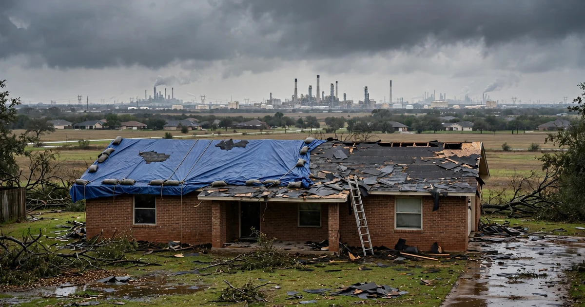 Emergency Roof Repair in Pasadena: blue tarp secured over storm-damaged roof section