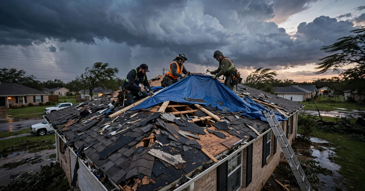 Emergency Roof Repair in Pearland: blue tarp secured over storm-damaged roof section