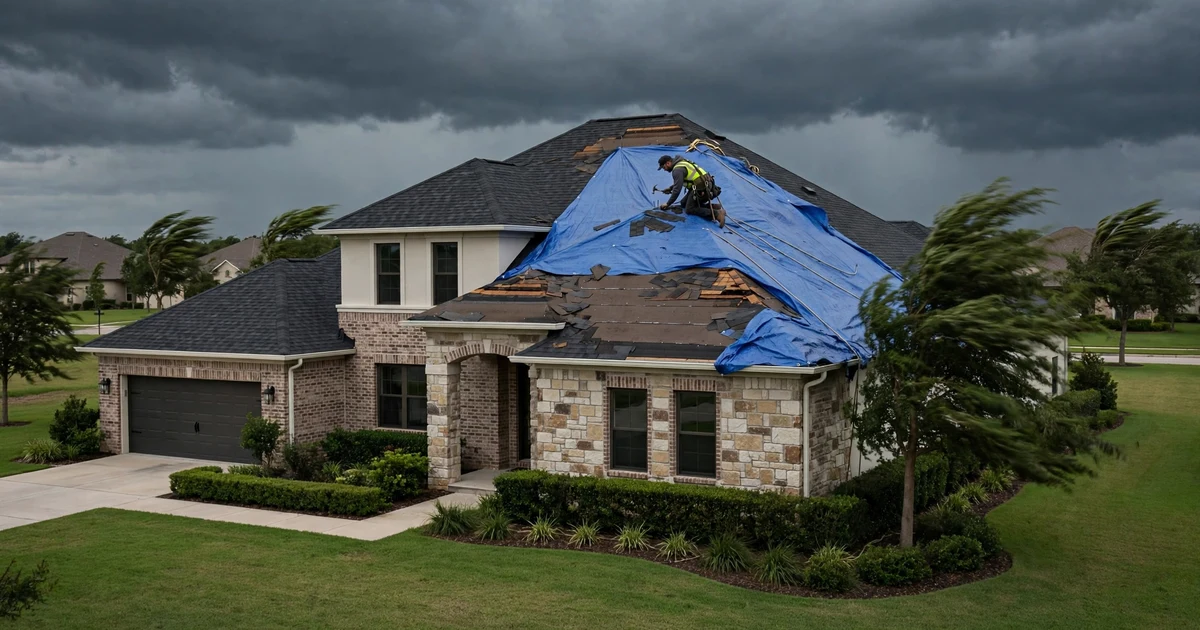 Emergency Roof Repair in Sugar Land: blue tarp secured over storm-damaged roof section