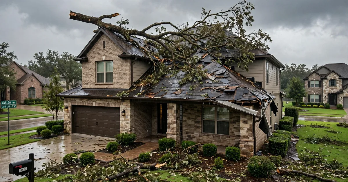 Emergency roof repair in Avalon, Sugar Land: fallen tree branch resting on a damaged roof