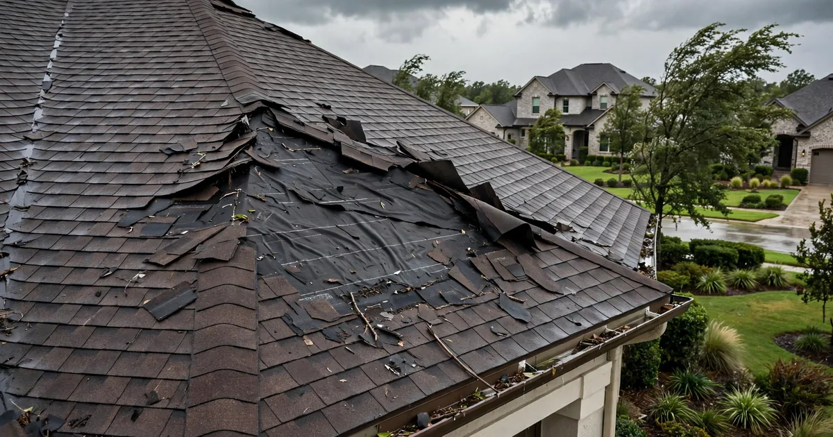 Emergency roof repair in Chimneystone, Sugar Land: patch of missing shingles on a windward slope