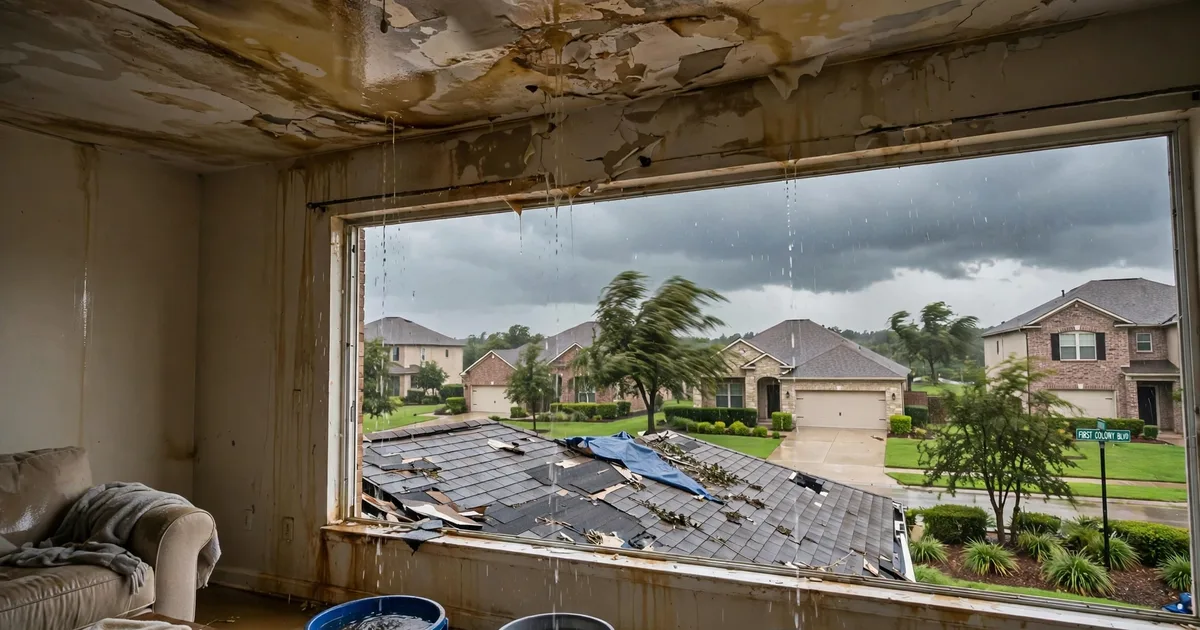 Emergency roof repair in First Colony, Sugar Land: water-stained ceiling with buckets catching drips