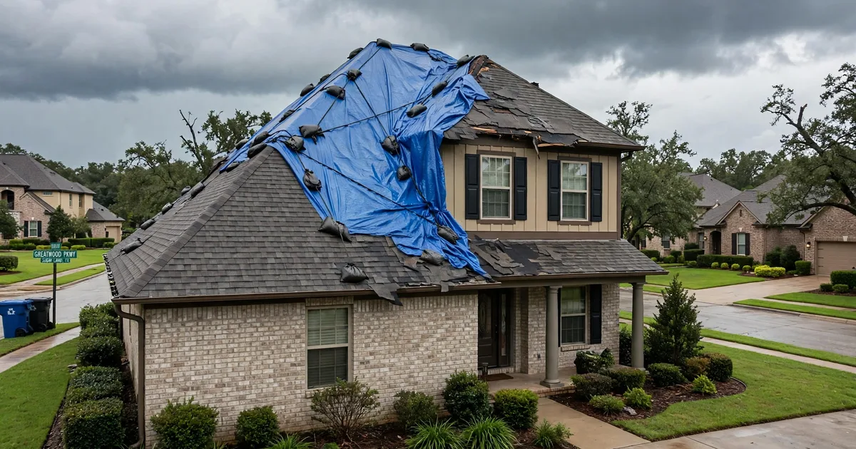 Emergency roof repair in Greatwood, Sugar Land: blue tarp secured over torn shingles after a storm