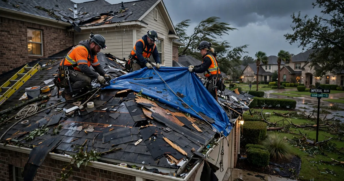 Emergency roof repair in Imperial Sugar Land, Sugar Land: crew securing an emergency tarp at dusk