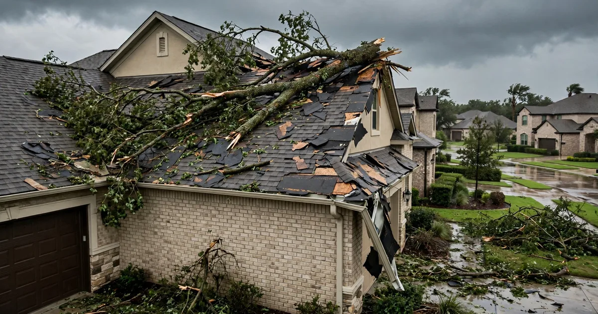 Emergency roof repair in Lake Pointe, Sugar Land: fallen tree branch resting on a damaged roof