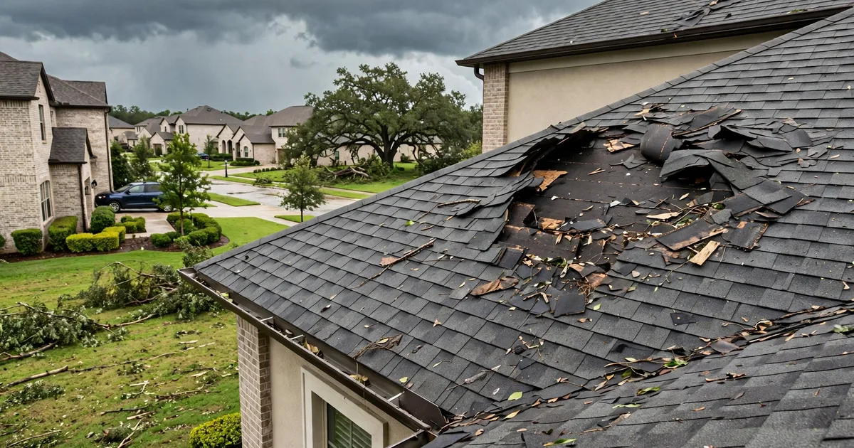 Emergency roof repair in New Territory, Sugar Land: patch of missing shingles on a windward slope