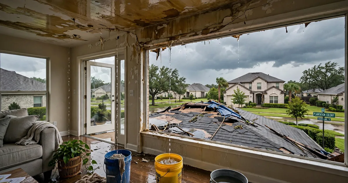 Emergency roof repair in Plantation Colony, Sugar Land: water-stained ceiling with buckets catching drips