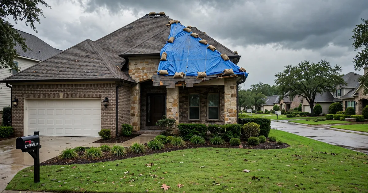 Emergency roof repair in Riverpark, Sugar Land: blue tarp secured over torn shingles after a storm