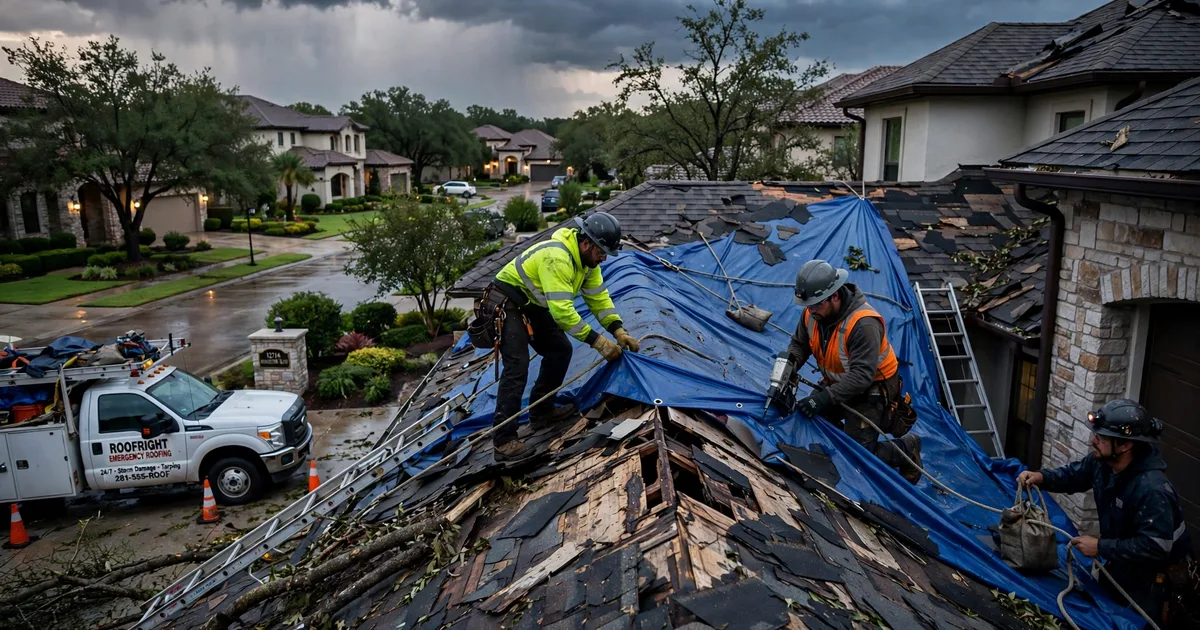 Emergency roof repair in Riverstone, Sugar Land: crew securing an emergency tarp at dusk