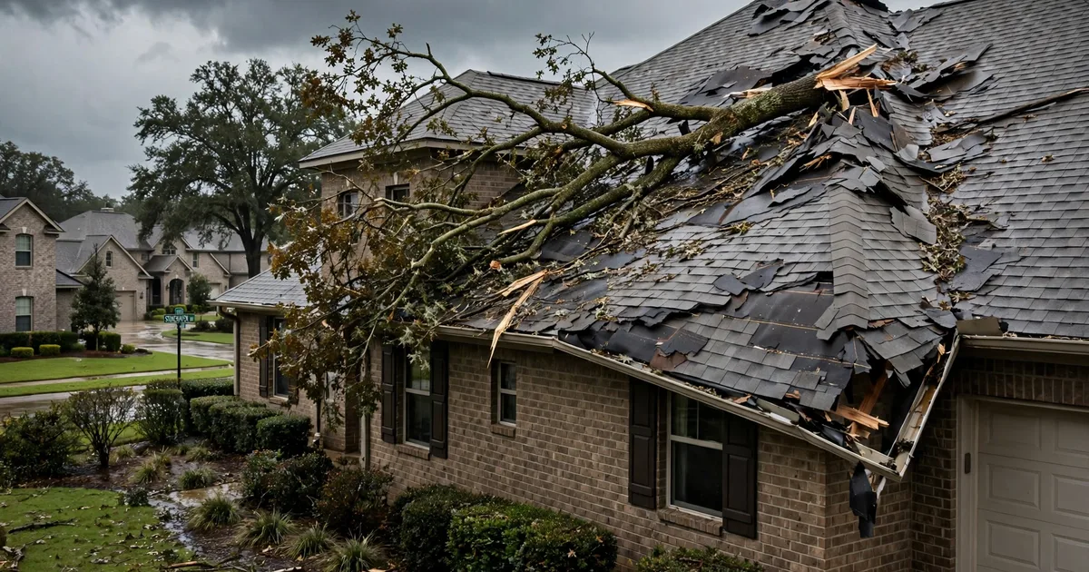 Emergency roof repair in Stonehaven, Sugar Land: fallen tree branch resting on a damaged roof