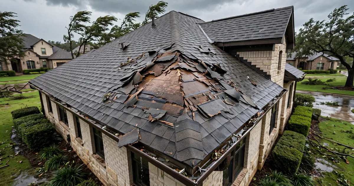 Emergency roof repair in Sugar Creek, Sugar Land: patch of missing shingles on a windward slope