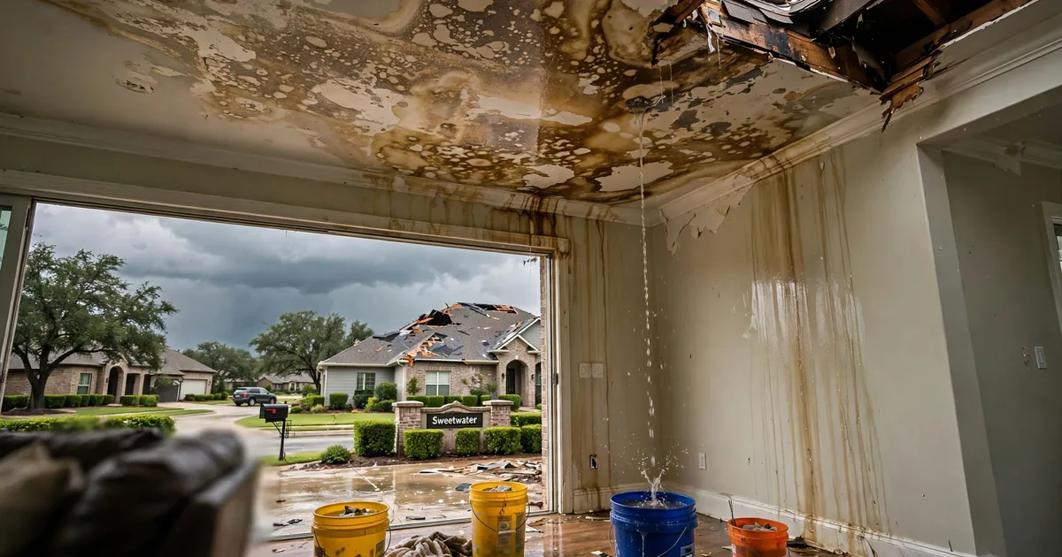 Emergency roof repair in Sweetwater, Sugar Land: water-stained ceiling with buckets catching drips