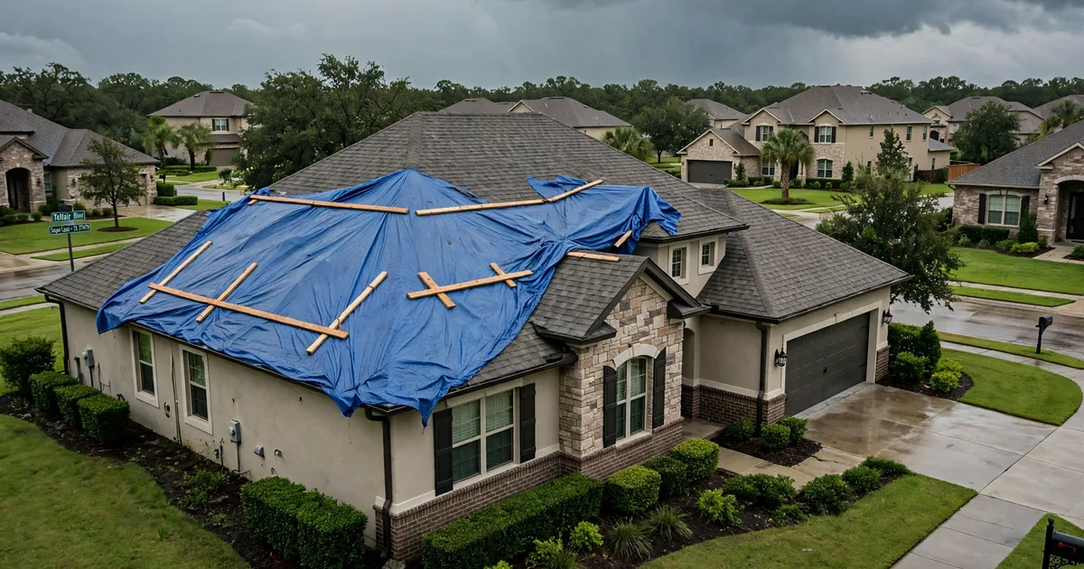 Emergency roof repair in Telfair, Sugar Land: blue tarp secured over torn shingles after a storm